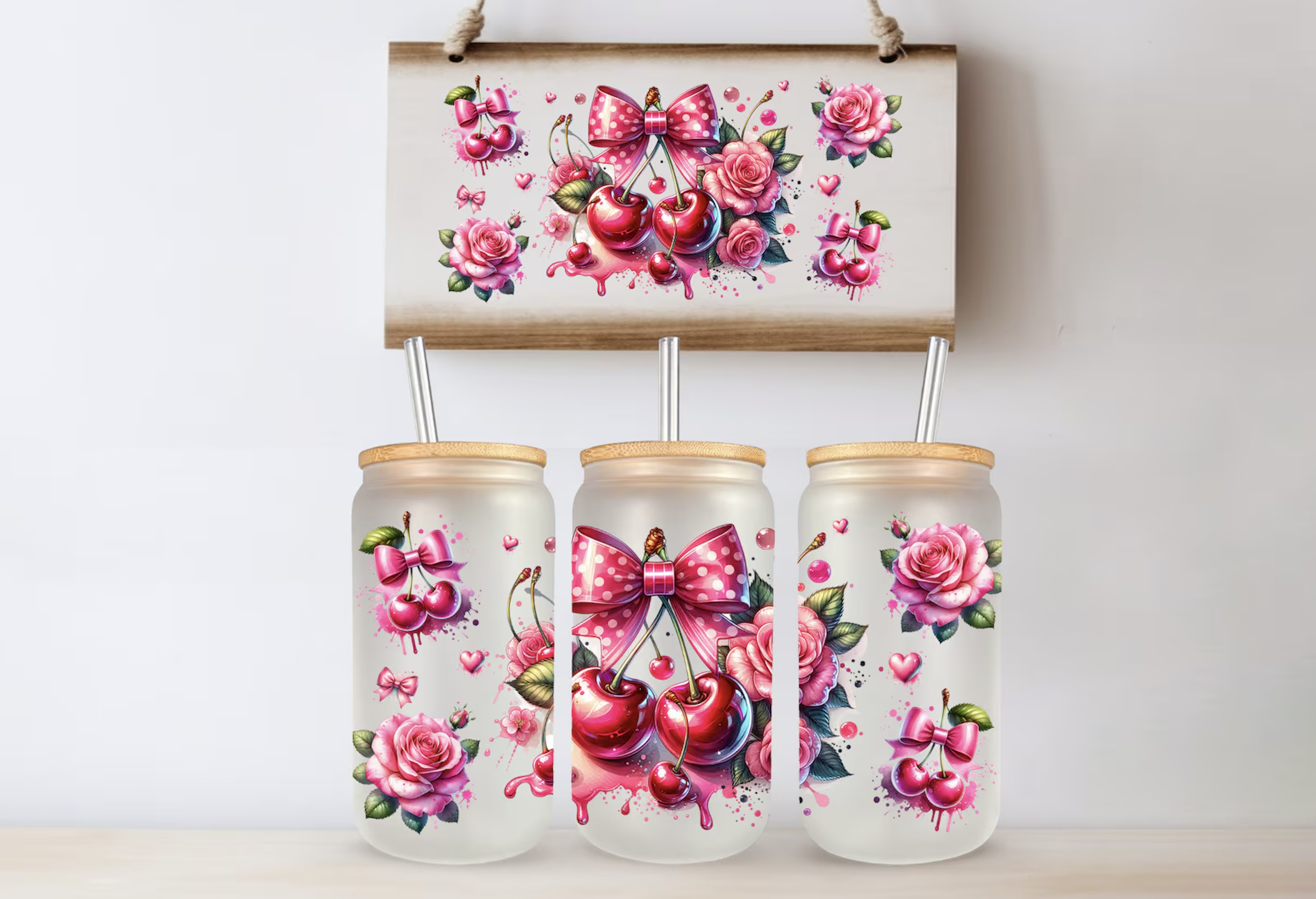 Floral tumbler jars with cherry artwork